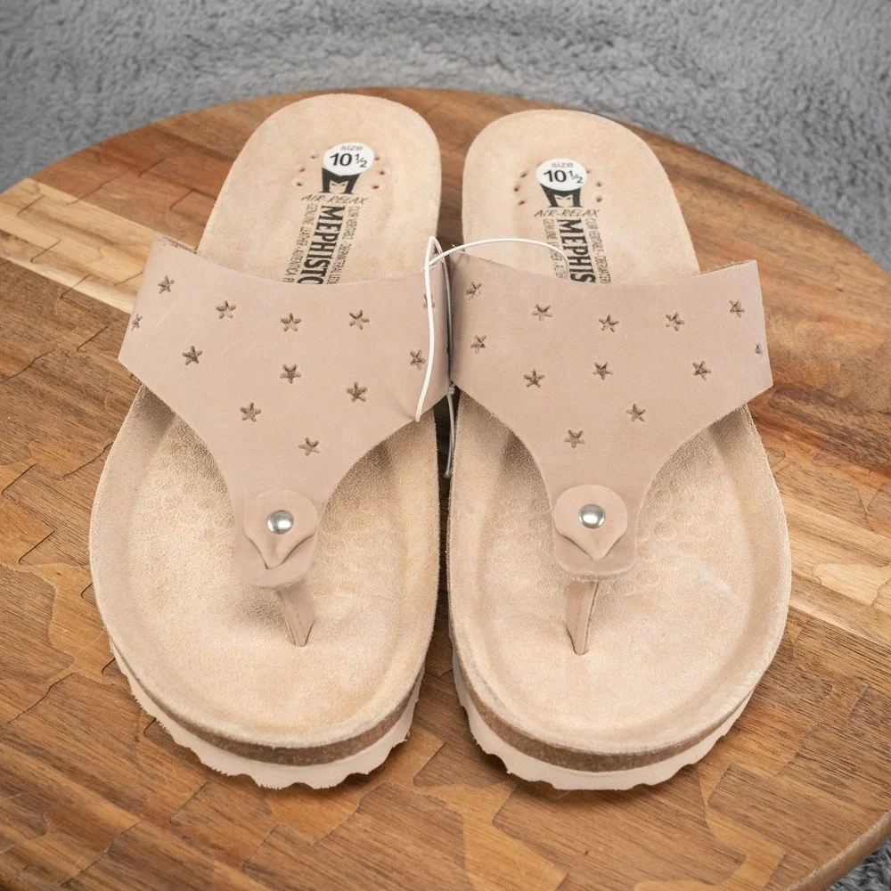 New Mephisto Nikie Star Perforated Leather Thong Sandals Taupe EU 42 US‎ 10.5-11
